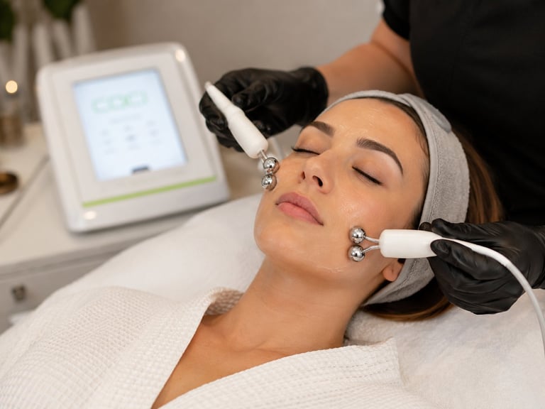Woman receiving microdermabrasion facial treatment with handheld device in professional spa setting