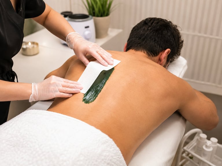 Aesthetician applying green face mask or treatment to mans back during spa treatment