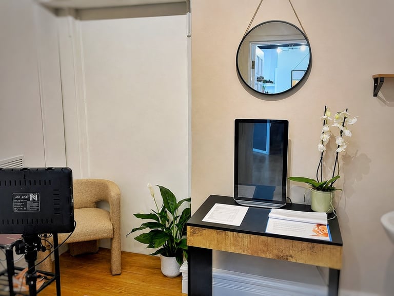 Modern home office desk setup with computer monitor, potted plant, round mirror, and upholstered chair against a white wall