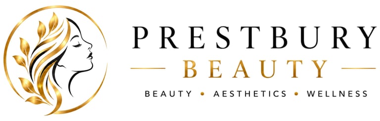 Prestbury Beauty logo featuring a womans profile with golden leaves and tagline for beauty, aesthetics and wellness services