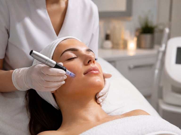 Esthetician performing microdermabrasion treatment on clients face in medical spa setting