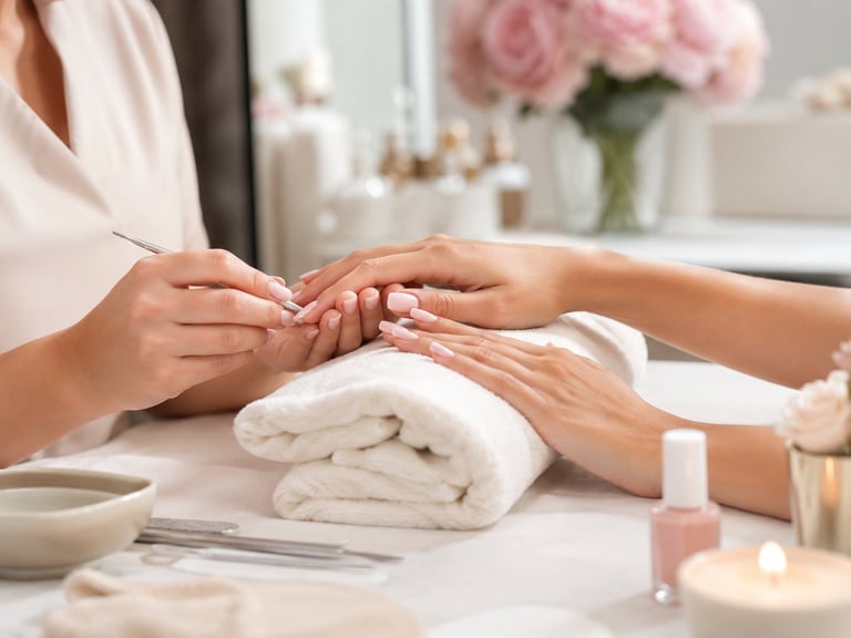 Manicurist applying nail polish to clients hands at spa table with pink roses and relaxation products in background