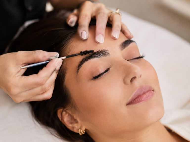 Beauty professional applying mascara to a womans eyelashes during a makeup application or beauty treatment
