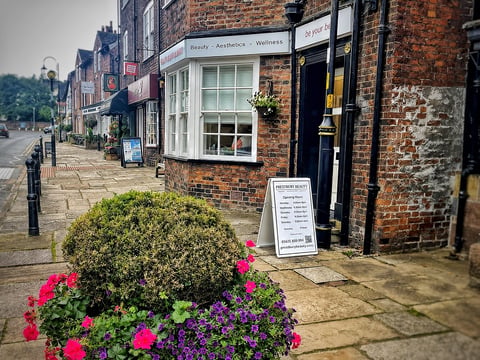 Row of historic brick storefronts along a cobblestone street with flower planters in foreground